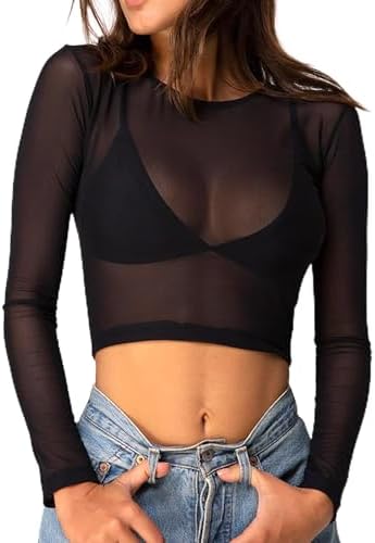 Mesh Crop Top Long Sleeve Sheer See Through Shirt Clubwear Black