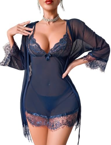 Women Lingerie Set 3 Piece Mesh Kimono Robe and Lace ightgown